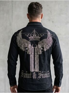 Affliction Vintage Men's Black Shirt with Silver Embellishments